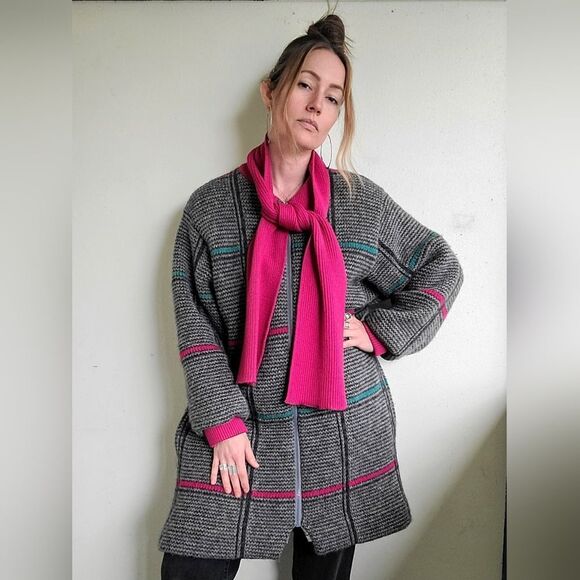 The Sandra 90s Vintage Grid Wool Zip Up Sweater L - Picture 12 of 16